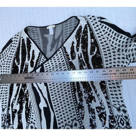 Chico's Women's Size 1 Waterfall Open Front Cardigan Sweater Sequins Black White - Picture 4 of 7